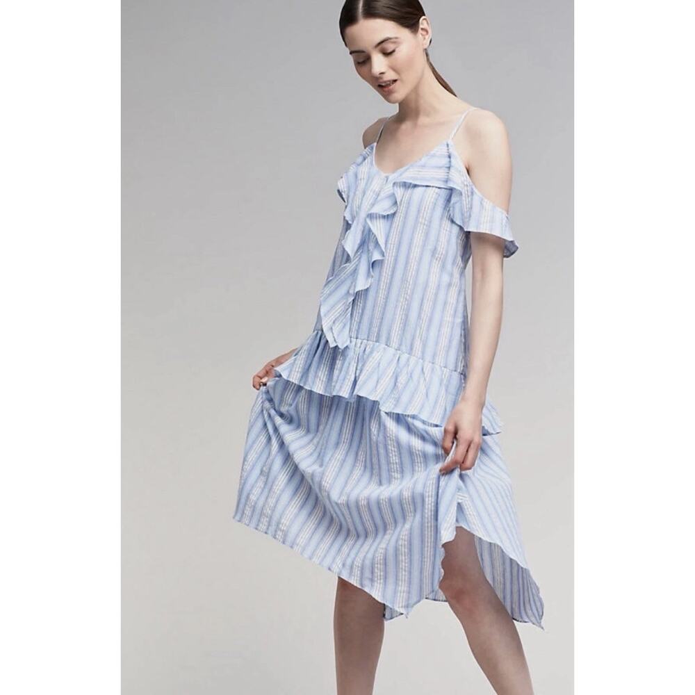 Moon River Anthropologie Blue White Stripe Ruffle Asymmetric Hanky Hem Dress M - Picture 2 of 14